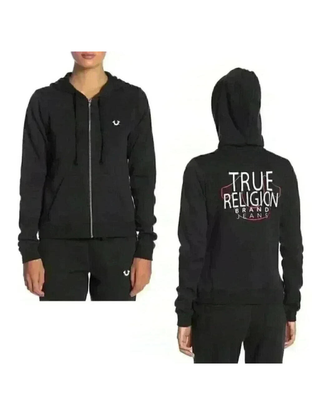 True Religion Womens Full Zip Hoodie Jacket Black Red White Logo M Medium NWT